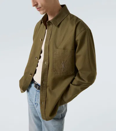 Saint Laurent Green Shirt With Classic Collar And Cassandre Embroidery On The Front In Cotton Man