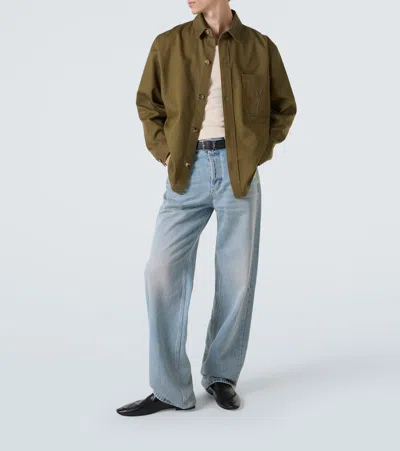 Saint Laurent Green Shirt With Classic Collar And Cassandre Embroidery On The Front In Cotton Man