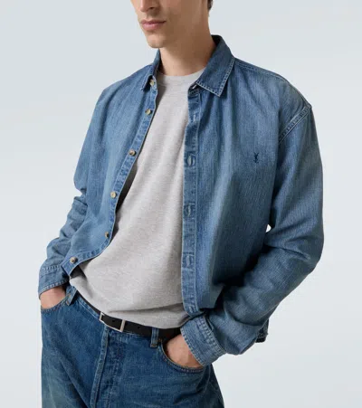 Saint Laurent Grey Crewneck T-shirt With Cassandre Embroidery In Cotton Man In Gray