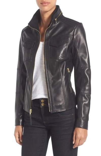 Shop Michael Michael Kors Front Zip Leather Jacket (regular & Petite) In Black