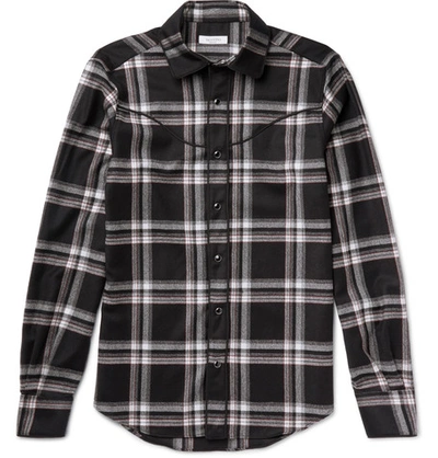 Valentino Slim-fit Checked Wool-flannel Western Shirt In Nero Bianco|bianco