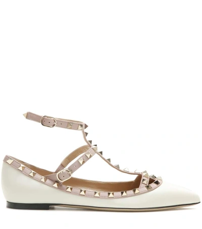 Shop Valentino Rockstud Leather Ballet Flats In White