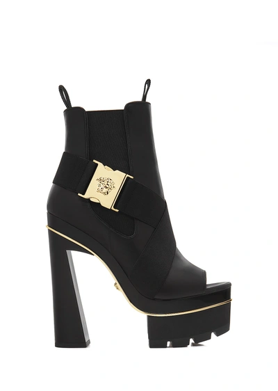 Versace Embellished Leather Ankle Boots In Black