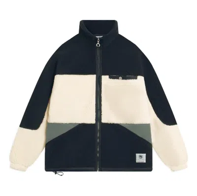 Li-ning Badfive Graphic Color Block Polar Fleece Jacket 'black Beige' In Blue