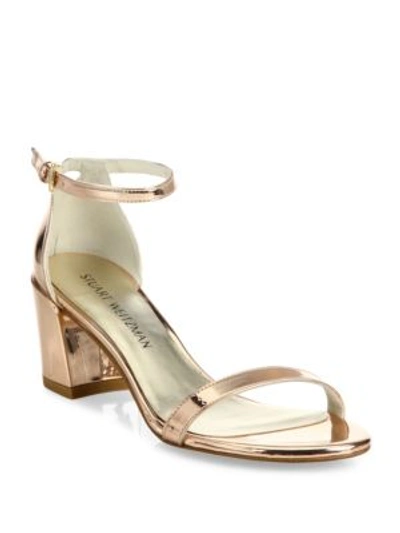 Shop Stuart Weitzman Simple Metallic Block-heel Sandals In Beige