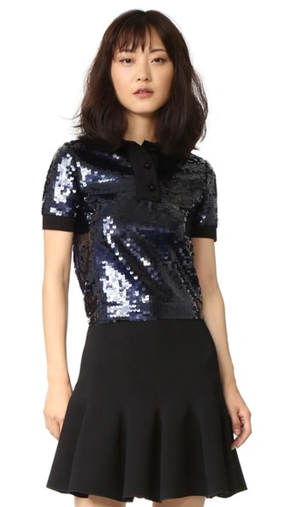 Carven Knit-trimmed Embellished Tulle Polo Shirt In Marine