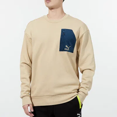 Puma Contrasting Colors Zipper Pocket Sports Round Neck Pullover Khaki In Neutral