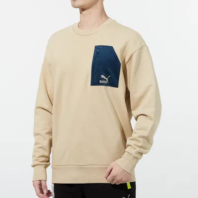 Puma Contrasting Colors Zipper Pocket Sports Round Neck Pullover Khaki In Neutral