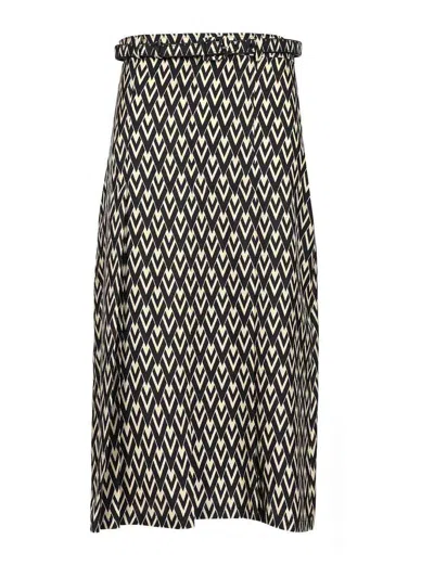 Valentino Belted Pleated Printed Silk-twill Midi Skirt In Black