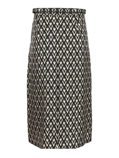 Valentino Belted Pleated Printed Silk-twill Midi Skirt In Black