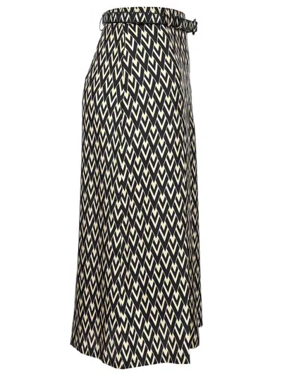 Valentino Belted Pleated Printed Silk-twill Midi Skirt In Black
