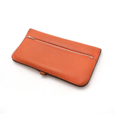 Pre-owned Hermes Orange Salmon Pink Leather Long Wallet (bi-fold) ()