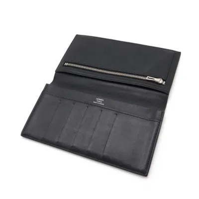 Pre-owned Hermes Silk'in Black Leather Silk Long Wallet (bi-fold) ()