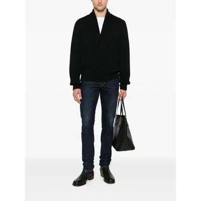 Tom Ford Shawl Collar Double-breasted Front Pockets Ribbed Texture In Black