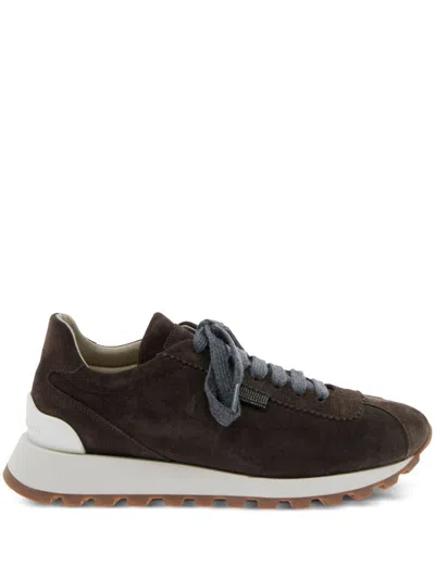 Brunello Cucinelli Brown Low Top Sneakers With Monil Detail On The Side And Embossed Logo Lettering On The Rear In Leat