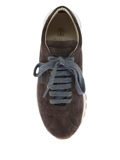 Brunello Cucinelli Brown Low Top Sneakers With Monil Detail On The Side And Embossed Logo Lettering On The Rear In Leat