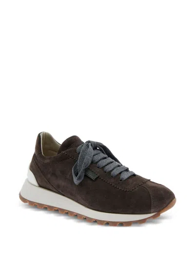 Brunello Cucinelli Brown Low Top Sneakers With Monil Detail On The Side And Embossed Logo Lettering On The Rear In Leat