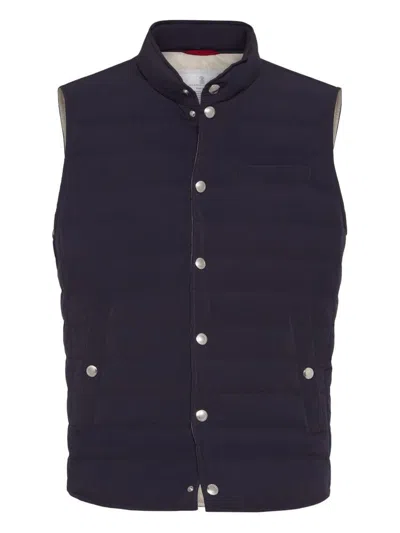 Brunello Cucinelli Quilted High Neck Sleeveless Jacket In Blue