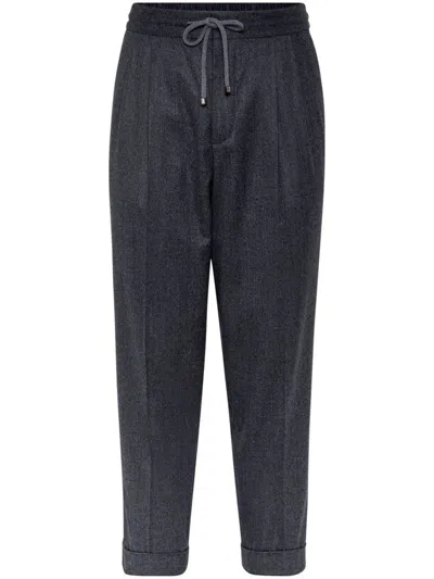 Brunello Cucinelli Grey Pinstriped Virgin Wool Trousers In Black