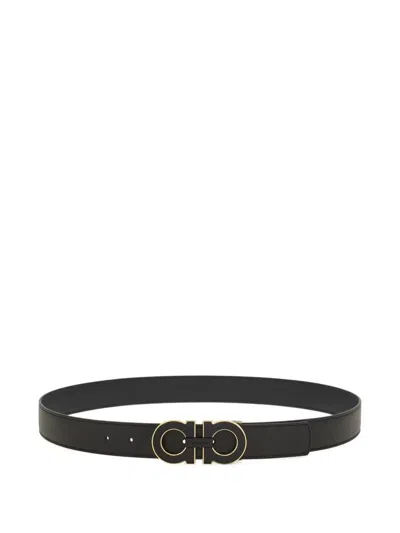 Ferragamo Reversible And Adjustable Double Gancini Belt In Black