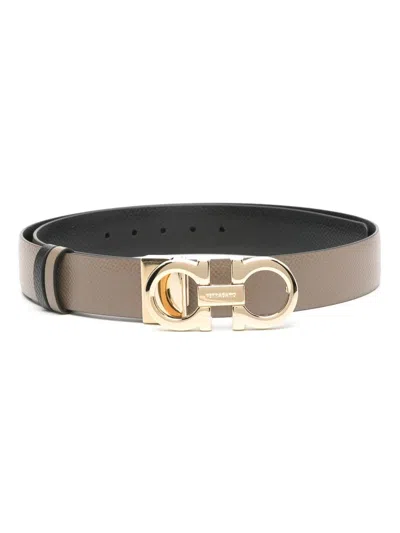 Ferragamo Grained Leather Reversible Gancini Belt In Brown
