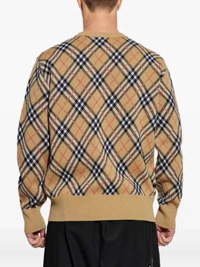 Burberry Check-pattern Wool Crew Neck Sweater Clothing In Brown