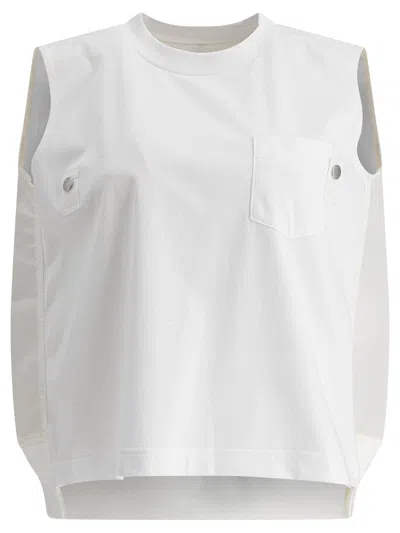 Sacai Cotton Jersey And Nylon Twill Tank Top Tops White In White