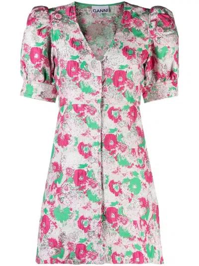 Ganni 3d Jacquard Button Down Mini Dress In Pink
