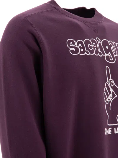 Sacai Graphic Print Crewneck Sweatshirt With Ribbed Cuffs In Brown