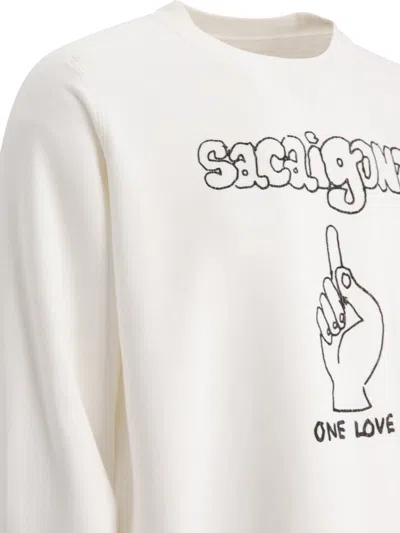 Sacai Graphic Print Crewneck Sweatshirt With Ribbed Cuffs In White