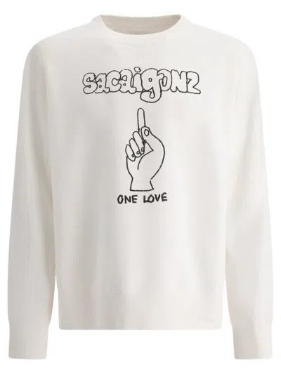 Sacai Graphic Print Crewneck Sweatshirt With Ribbed Cuffs In White