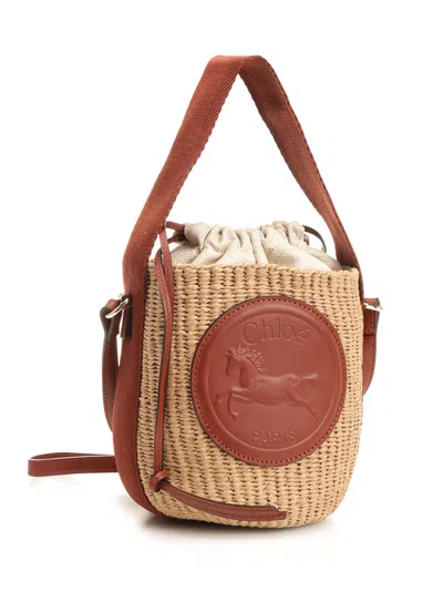 Chloé Horse Medal Basket Leather And Canvas-trimmed Raffia Tote