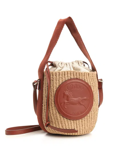 Chloé Horse Medal Basket Leather And Canvas-trimmed Raffia Tote