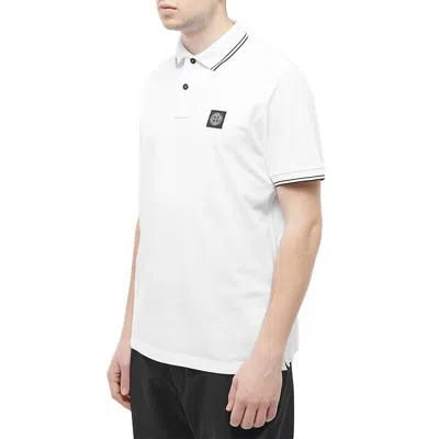 Stone Island Contrasting Trim Logo Patch Cotton Blend Polo Shirt In White