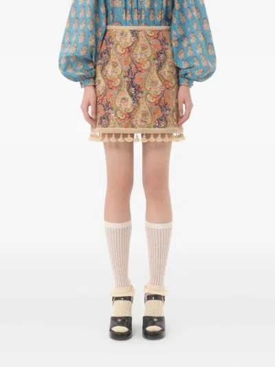 Valentino Embroidered Skirt On Piquet With Paisley Voyage Imaginaire Print Woman Multicolour 44 In Neutral