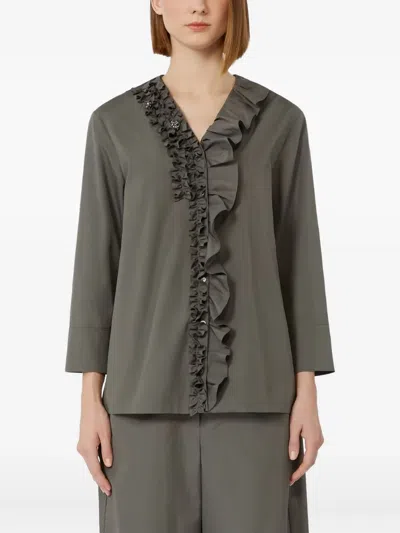 S Max Mara Womens Medium Grey Kristin Ruffled Cotton-poplin Blouse