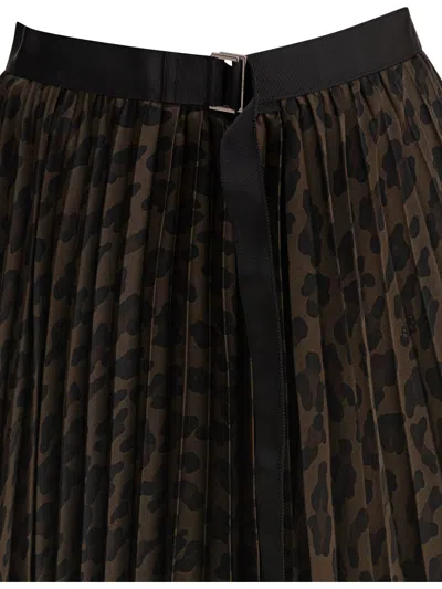 Sacai Pleated High-waisted Animal Print Midi Skirt In Brown