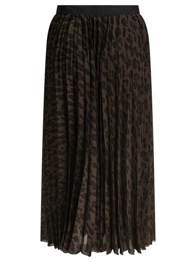 Sacai Pleated High-waisted Animal Print Midi Skirt In Brown