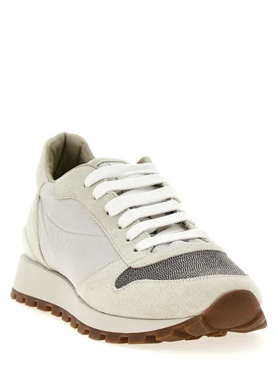 Brunello Cucinelli Bead-embellished Nylon And Suede Sneakers In Neutral
