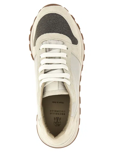 Brunello Cucinelli Bead-embellished Nylon And Suede Sneakers In Neutral