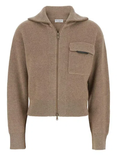 Brunello Cucinelli Beige Cardigan With Spread Collar And Monil Detail On The Front In Cashmere Woman In Brown
