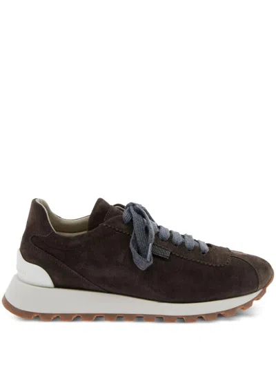 Brunello Cucinelli Brown Low Top Sneakers With Monil Detail On The Side And Embossed Logo Lettering On The Rear In Leat