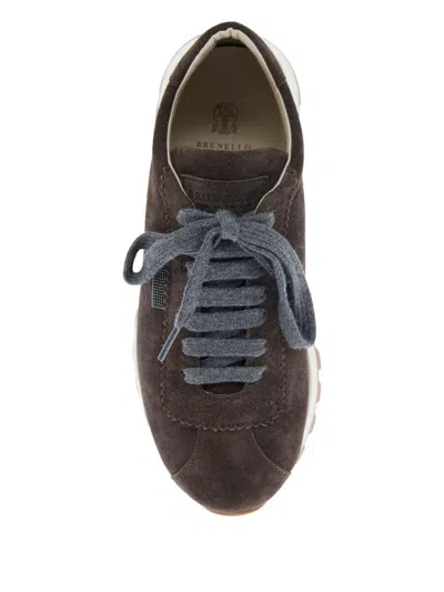 Brunello Cucinelli Brown Low Top Sneakers With Monil Detail On The Side And Embossed Logo Lettering On The Rear In Leat