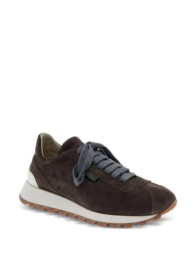 Brunello Cucinelli Brown Low Top Sneakers With Monil Detail On The Side And Embossed Logo Lettering On The Rear In Leat