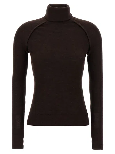Victoria Beckham Brown Turtleneck Sweater With Logo Patch On The Sleeve In Cotton Blend Woman In Black