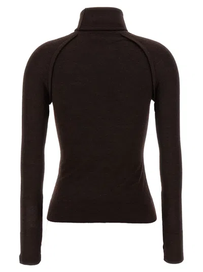 Victoria Beckham Brown Turtleneck Sweater With Logo Patch On The Sleeve In Cotton Blend Woman In Black
