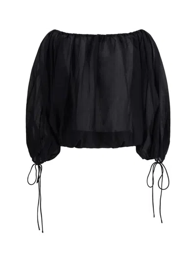 The Andamane Ribbon Tie Drawstring Blouse In Black