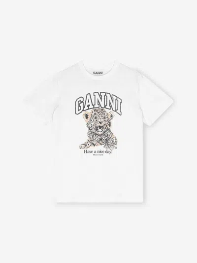 Ganni White T-shirt With Print And Logo Lettering On The Front In Cotton Woman In White