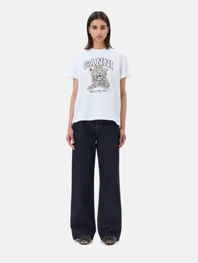 Ganni White T-shirt With Print And Logo Lettering On The Front In Cotton Woman In White