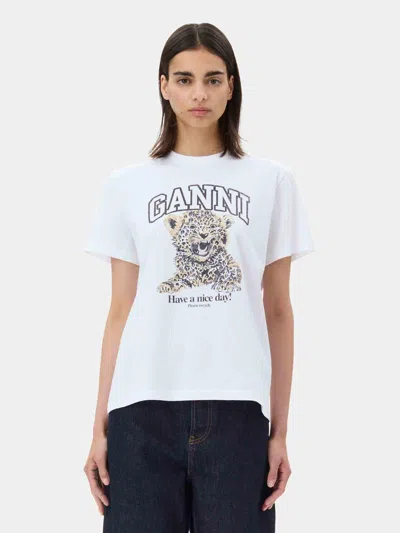 Ganni White T-shirt With Print And Logo Lettering On The Front In Cotton Woman In White